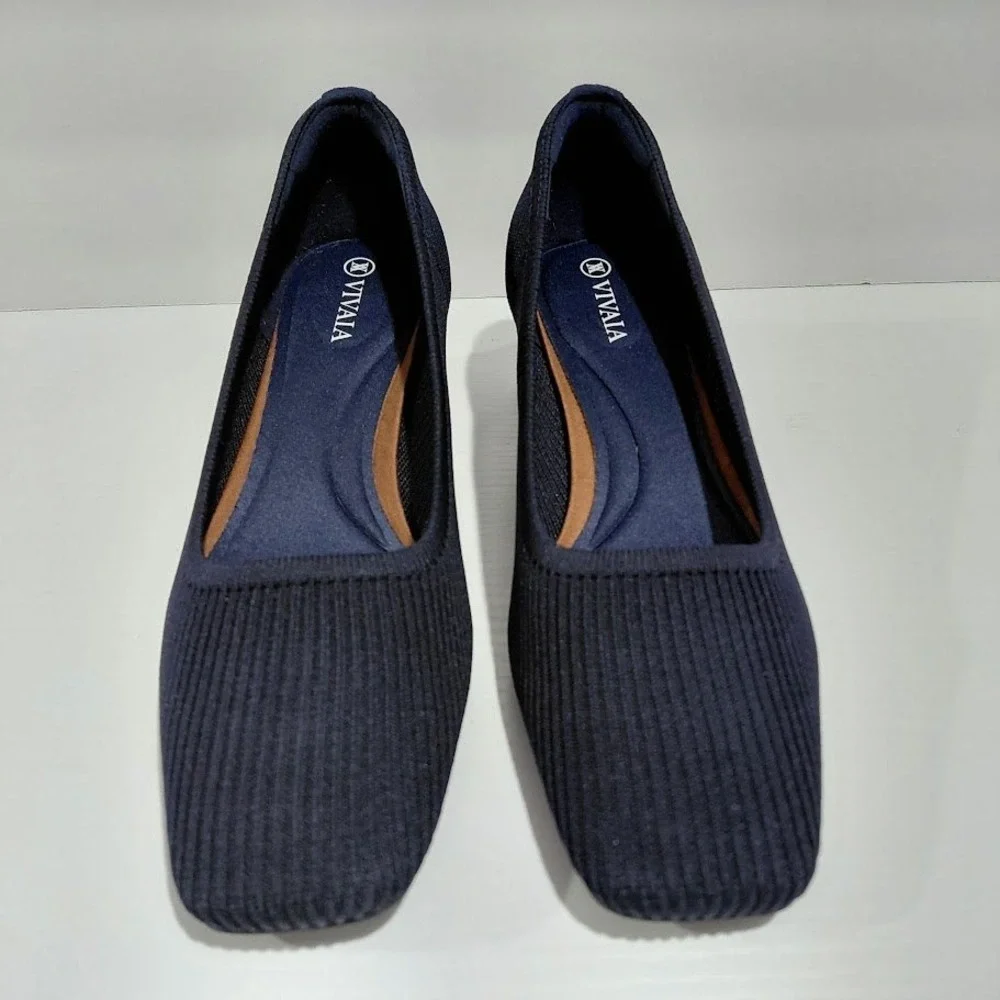 Vivaia Melody 2.0 Navy Blue Ribbed Knit Square Toe Block Heel Pumps Size 39 - Picture 4 of 11